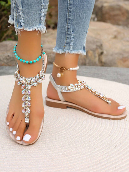 Gold Sandals Summer Women Shoes Roman Style Rhinestone Flat Heels Lightweight Slip-Ons Sexy Bohemian Beach Party Sandals