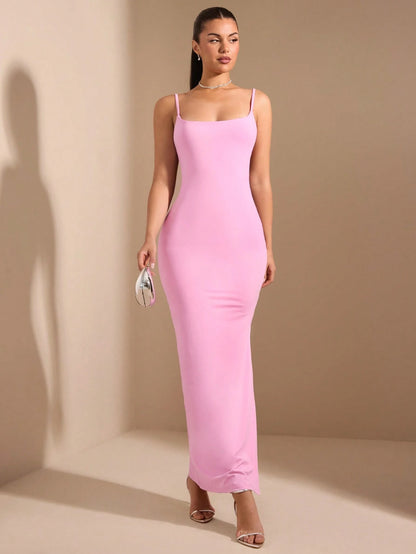 BAE Simple Square Neck Spaghetti Strap Backless Criss-Cross Bodycon Sexy Black Summer Dress