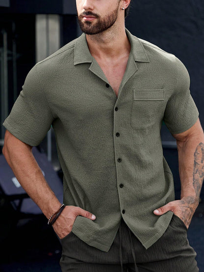Manfinity Casualcool Men Solid Button up Pocket Patched Shirt
