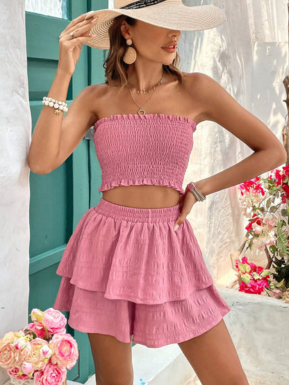 VCAY Women'S Summer Strapless Ruffle Hem Top and Tiered Shorts Casual Vacation Printed Outfit in Textured Fabric