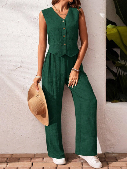 Frenchy Women'S Solid Color Front Button Sleeveless Blouse and Long Pants Casual Suit Set Fall Women Outfits Women Outfit Sets Winter Women Sets