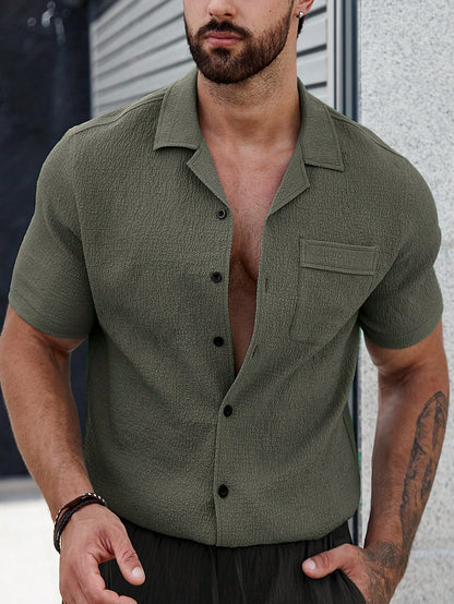 Manfinity Casualcool Men Solid Button up Pocket Patched Shirt