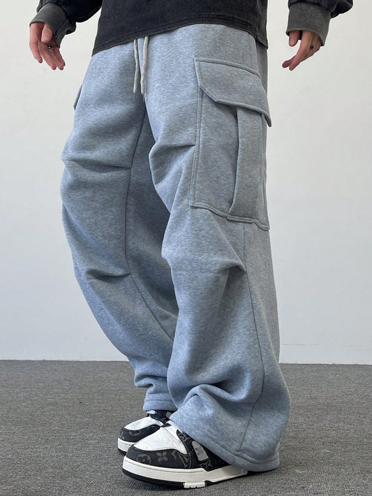 Manfinity Hypemode Men'S Drawstring Waist Cargo Pocket Pleated Loose Casual Baggy Sweatpants Going Out Street Wear Sweatpants, for Husband, Boyfriend Gifts, Grey Baggy Sweatpants, Men S Cargo Sweat Pants, Cargo Sweatpants
