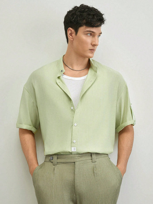 AKNOTIC Business Casual Men'S Woven Stand Collar Short Sleeve Casual Shirt, Suitable for Summer