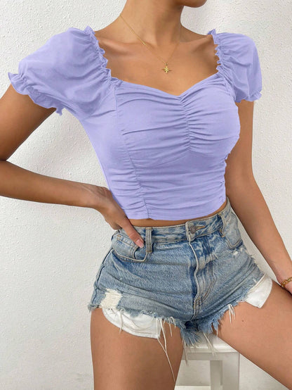 Calvaya Solid Color Henley Collar Pleated Short Sleeve T-Shirt
