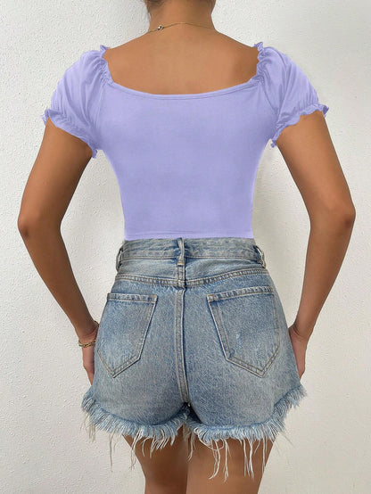 Calvaya Solid Color Henley Collar Pleated Short Sleeve T-Shirt
