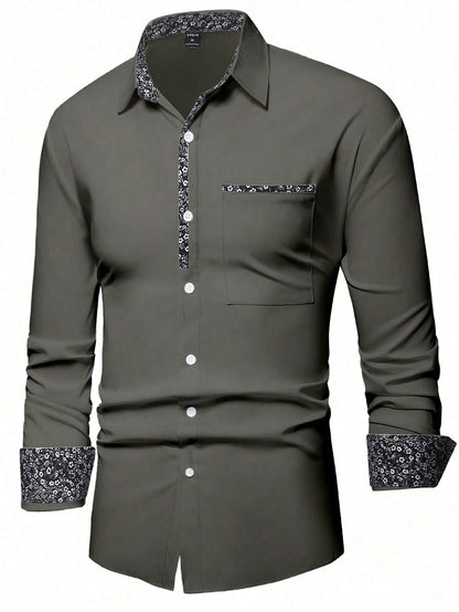 Manfinity Mode Men'S Fashionable Casual Printed Patchwork Long Sleeve Orange Shirt