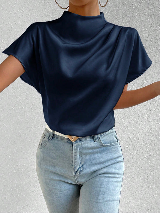 Rosydaze Stand Collar Plain Color Pleated Silk Elegant Short Sleeve Shirt