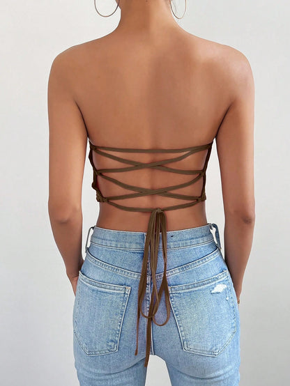 Chiquease Women Solid Color Textured Asymmetric Hem Cropped Bustier Top