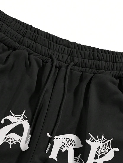 Manfinity EMRG Men'S Casual Spider Web & Letter Printed Sweatpants with Drawstring Waist and Slant Pockets, Halloween Graphic Going Out Long Baggy Sweatpants, for Husband, Boyfriend Gifts, for Rave