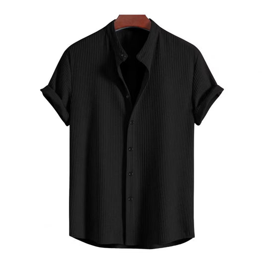 Retro Shirt Men Vintage Shirt Stylish Men'S Stand Collar Cardigan Shirt for Business Wear Short Sleeve Button-Down Top Solid
