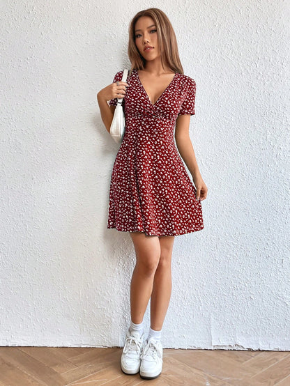 Ezwear Women Spring/Summer Elegant Wrap Heart Polka Dot Print V-Neck Short Sleeve Dress,Sun Dress