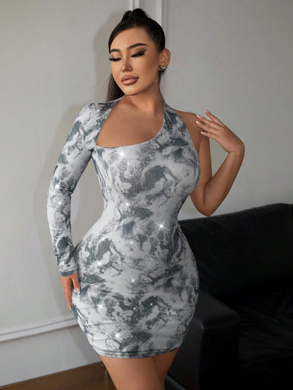 SXY X STAS  SXY Women Sexy One-Shoulder Dress with Sparkling Printed Flowers