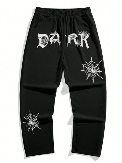Manfinity EMRG Men'S Casual Spider Web & Letter Printed Sweatpants with Drawstring Waist and Slant Pockets, Halloween Graphic Going Out Long Baggy Sweatpants, for Husband, Boyfriend Gifts, for Rave