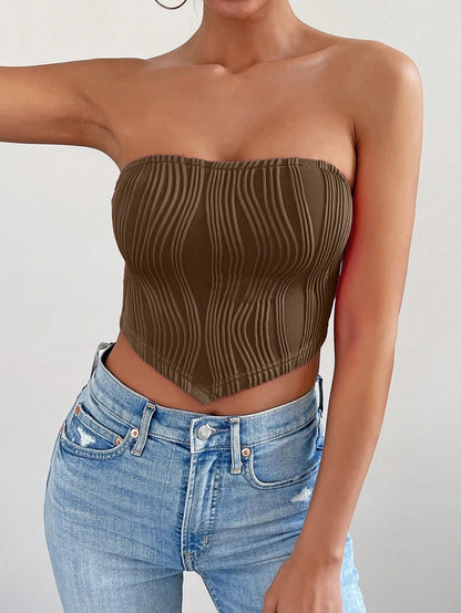 Chiquease Women Solid Color Textured Asymmetric Hem Cropped Bustier Top