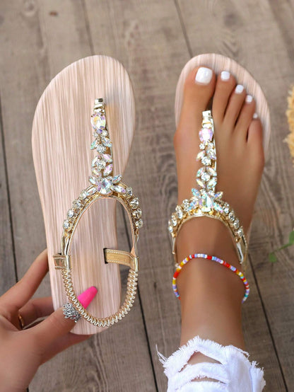 Gold Sandals Summer Women Shoes Roman Style Rhinestone Flat Heels Lightweight Slip-Ons Sexy Bohemian Beach Party Sandals