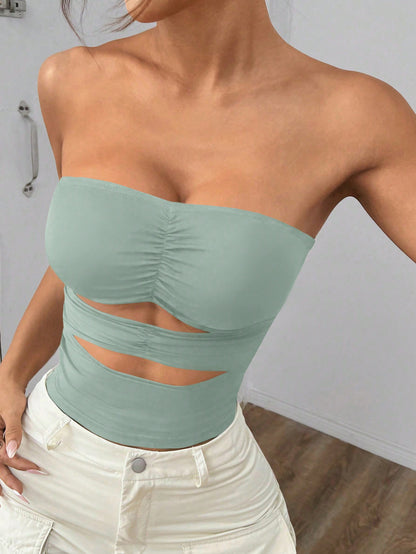Flirla Women Solid Color Pleated Bandeau Cutout Sexy Crop Top