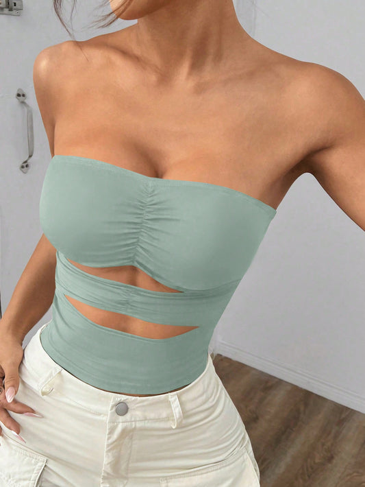 Flirla Women Solid Color Pleated Bandeau Cutout Sexy Crop Top