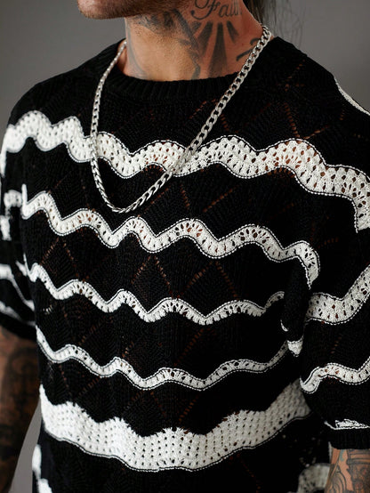 Manfinity Homme Men'S Wave Stripe Crew Neck Short Sleeve Casual Knit Top