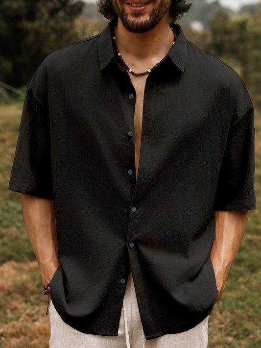 Manfinity Nomadique Men'S Solid Color Short Sleeve Turn-Down Collar Loose Fit Drop Shoulder Cotton Summer Shirt
